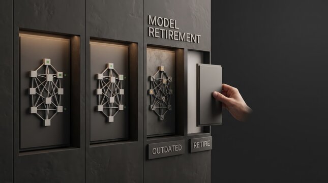 Hand removing an outdated AI model tile for trustworthy artificial intelligence system retirement in a corporate technology governance review meeting setup