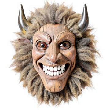 Hungarian bus mask with smirking expression, sharp white teeth, thick sheep fur, wooden face, and horns isolated on white background