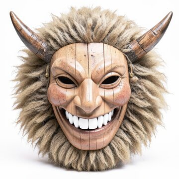 Hungarian bus mask full shot with wooden smirking face, sharp white teeth, thick sheep fur, and horn adornments on white background