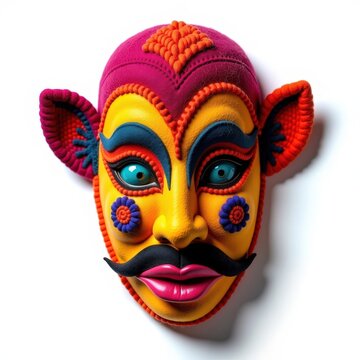Handknitted rural peruvian carnival mask with bright wool and traditional andean patterns on white background