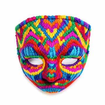 Handknitted rural peruvian carnival mask with brightly dyed wool and traditional andean patterns on white