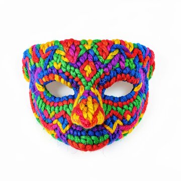 Colorful handknitted peruvian carnival mask with traditional andean patterns, rural folk art, brightly dyed wool, isolated on white