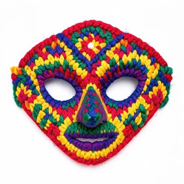 Handknitted rural peruvian carnival mask in bright wool with traditional andean patterns on white background