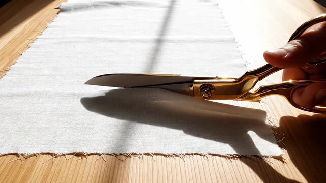 A person cuts a piece of fabric on a wooden table. The light shines down on the fabric, highlighting its texture. The setting feels cozy and inviting