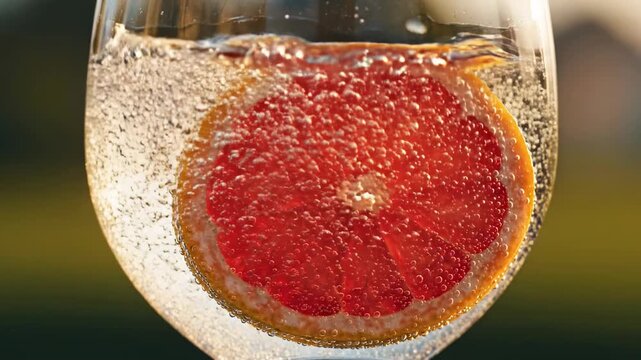 A clear glass filled with sparkling water and a slice of grapefruit sits outdoors. Sunlight shines, creating bubbles in the drink and a refreshing look