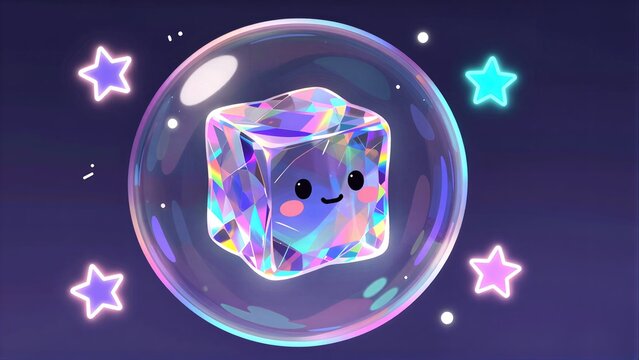 A cute, sparkling cube with a smile floats inside a bubble surrounded by glowing stars.