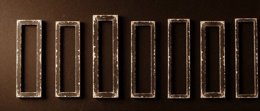 Row of distressed vintage photo frames on dark background