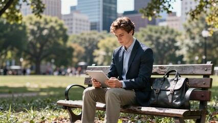 Fototapeta premium Young man in suit sits on park bench, using tablet with city skyline behind.