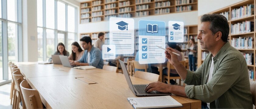 Man interacting with floating virtual education icons in library