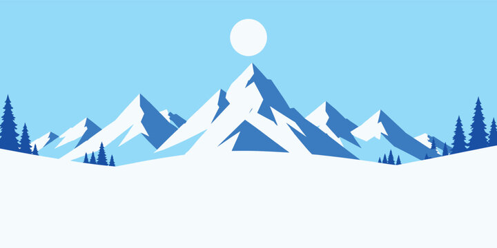 Stylized mountain landscape vector illustration featuring snowy peaks with bright sun in a clear blue sky