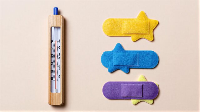Colorful star-shaped bandages beside a wooden thermometer on beige background.