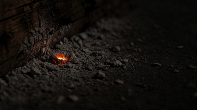 Glowing ember resting in gray ash inside a dark fireplace