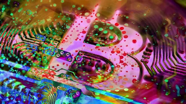 Colorful creative animation 4K. Bitcoin crypto money concept. Blockchain financial and economic art.