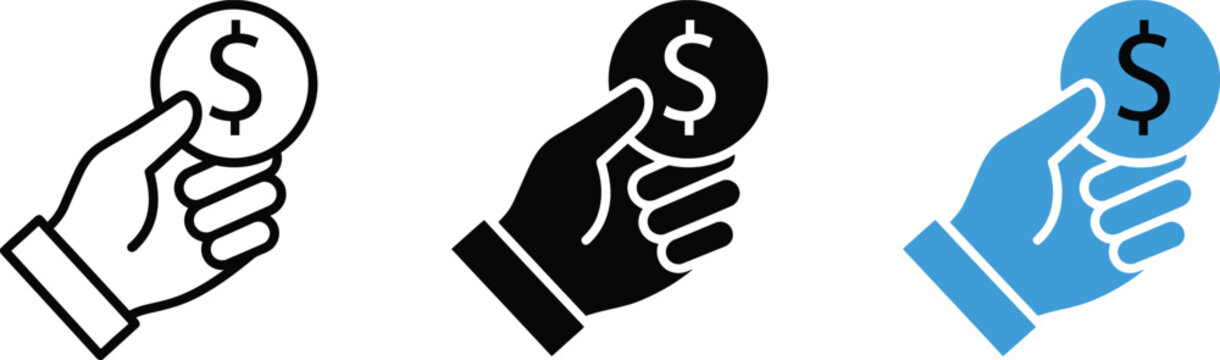 Icon set of human hand holding a dollar coin symbol for finance and payment with financial transaction currency icon cash payment business ico