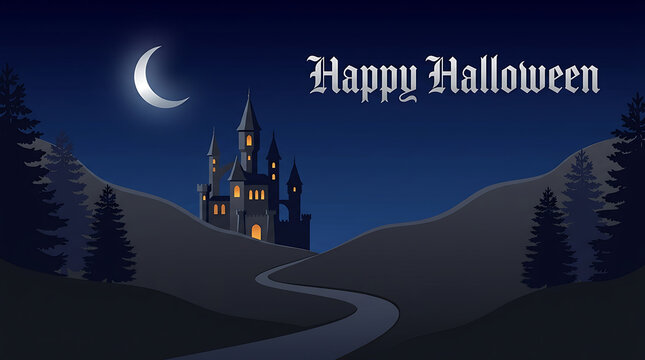 Halloween castle vector illustration with crescent moon and spooky dark night landscape background