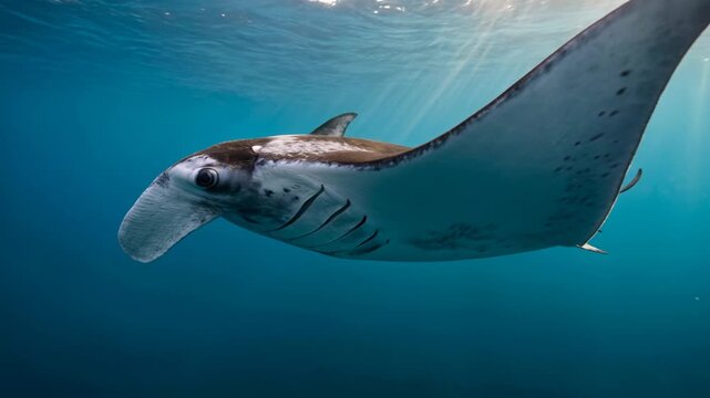 manta ray close up underwater at morning light in tropical pacific ocean video