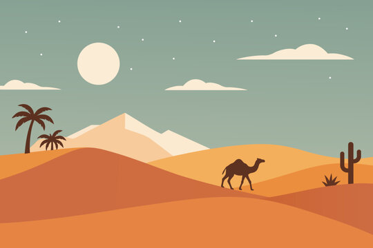 Desert Landscape Sunset with Camel and Cactus Flat Vector Illustration