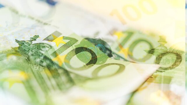100 Euro bills. Financial economic Glitch Loop art banner. Money Inflation and Crisis Concept