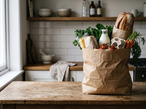 Paper grocery bag filled with produce on kitchen counter
