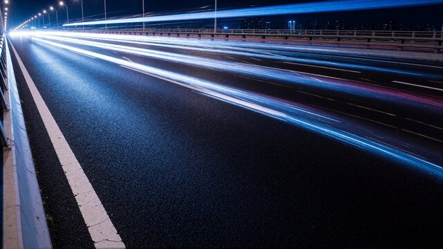 Night highway bridge with long exposure light trails