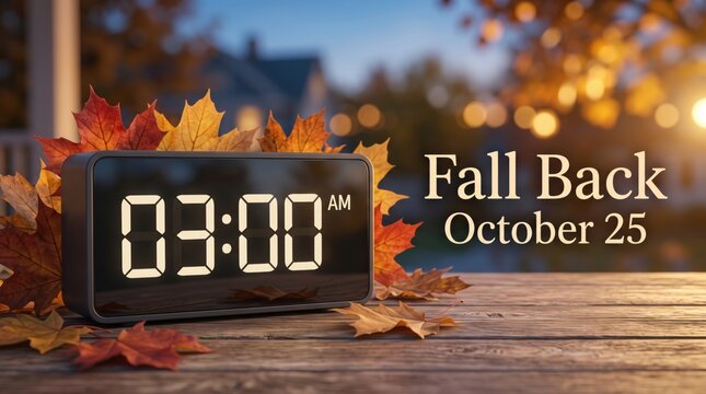 Digital alarm clock surrounded by autumn leaves with &ldquo;Fall Back October 25&rdquo; text, representing the European daylight saving time change, seasonal transition and turning clocks back one hour in 2026