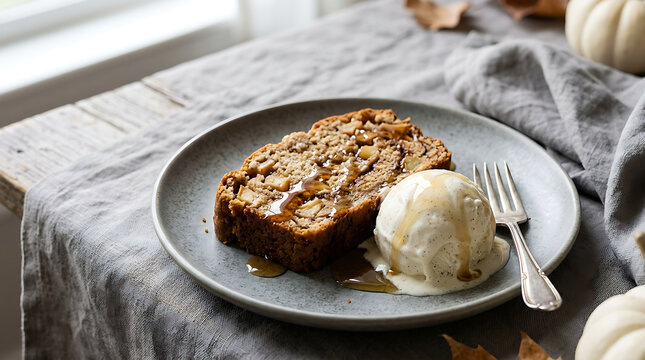Homemade Banana Bread with Vanilla Ice Cream.