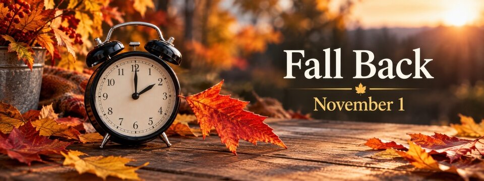 Classic alarm clock surrounded by autumn leaves with &ldquo;Fall Back November 1&rdquo; text, creating a seasonal banner for the US daylight saving time change and transition to standard time in 2026