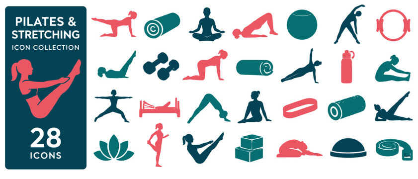 Pilates and stretching icon collection, 28 flat color icons: leg stretch, foam roller, meditation, bridge pose, exercise ball, side stretch, pilates ring, cat pose, dumbbells, kneeling stretch
