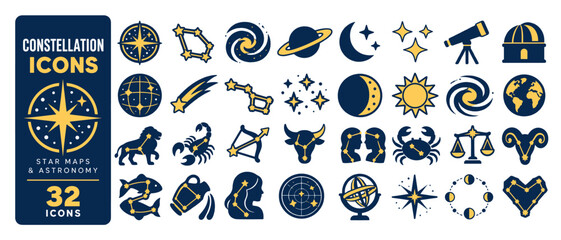 Constellation icons, 32 star maps and astronomy icons: compass star, constellation, galaxy, saturn, moon, sparkles, telescope, observatory, celestial globe, shooting star, big dipper, stars © Artstock