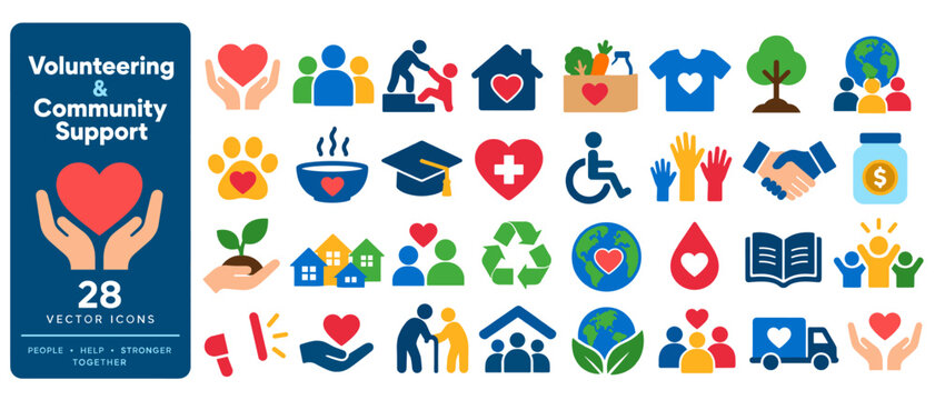 Volunteering and community support icon collection, 28 flat color icons: heart hands, volunteers, helping hand, house heart, donation box, t-shirt heart, tree planting, planet users, paw, soup