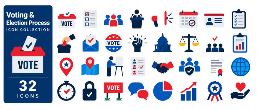Voting and election process icon collection, 32 flat color icons: vote calendar, ballot, voters, candidate, megaphone, calendar check, ID card, checklist, ballot box, ballot hand, vote envelope