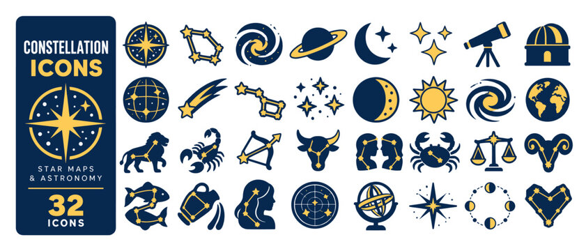 Constellation icons, 32 star maps and astronomy icons: compass star, constellation, galaxy, saturn, moon, sparkles, telescope, observatory, celestial globe, shooting star, big dipper, stars