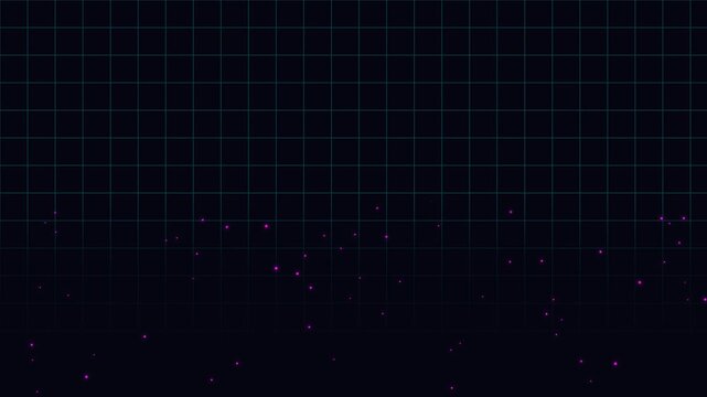 Dynamic moving grid lines with floating light particles on soft gradient corners. Abstract geometric futuristic background. Seamless loop 4K motion graphics.