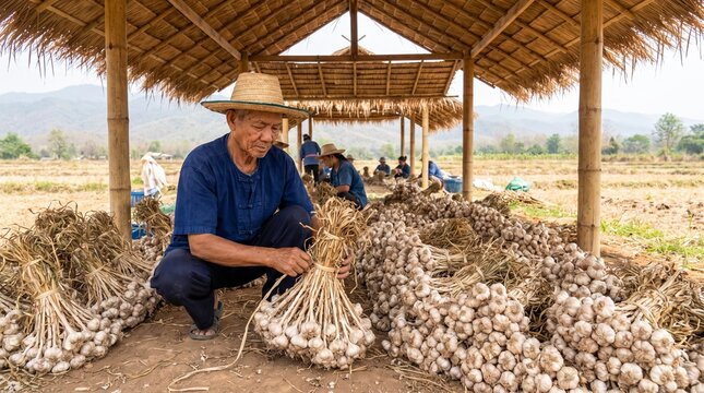 Thai garlic farmer ties harvested garlic bundles
