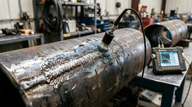 Ultrasonic testing of a welded pipe seam in a workshop with non destructive
