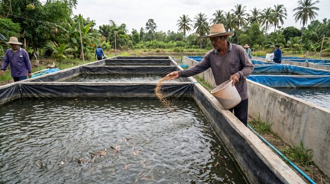 Fish farm worker feeds juvenile fish in tanks