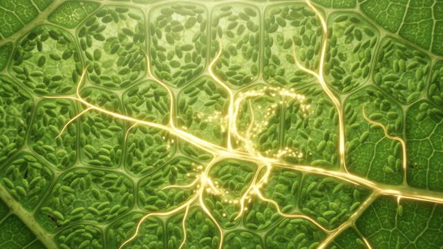 Photosynthesis inside a single healthy green leaf, showing warm sunlight entering the leaf surface and being transformed into glowing golden streams of chemical energy within the leaf tissue