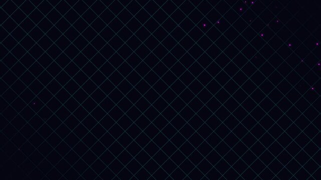 Dynamic moving grid lines with floating light particles on soft gradient corners. Abstract geometric futuristic background. Seamless loop 4K motion graphics.