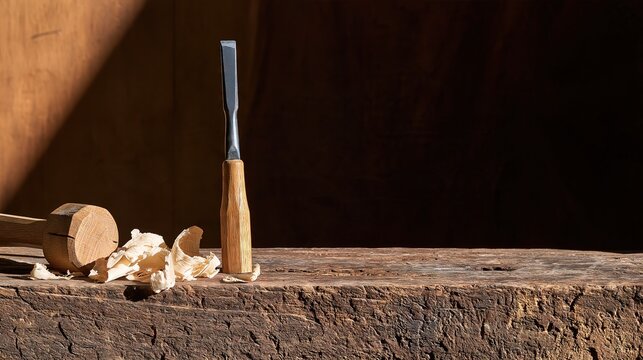 Steel Woodworking Chisel with Shavings on Joiners Bench