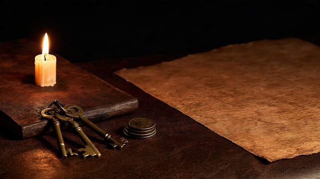 Old Brass Keys with Candle and Blank Parchment