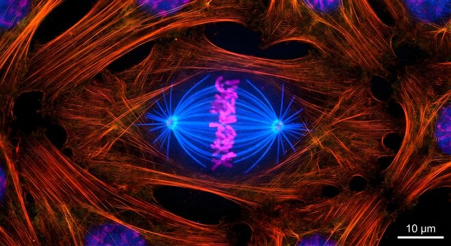 A high-resolution fluorescence micrograph capturing a rat heart muscle cell (cardiomyocyte) in metaphase, featuring magenta chromosomes aligned on a blue mitotic spindle within a striated orange-red c