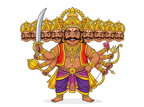 Ravana, the Ten-Headed Demon King: A vibrant illustration of Ravana, the formidable Rakshasa king from Hindu mythology, depicted with his ten heads and multiple arms, holding weapons like a sword.