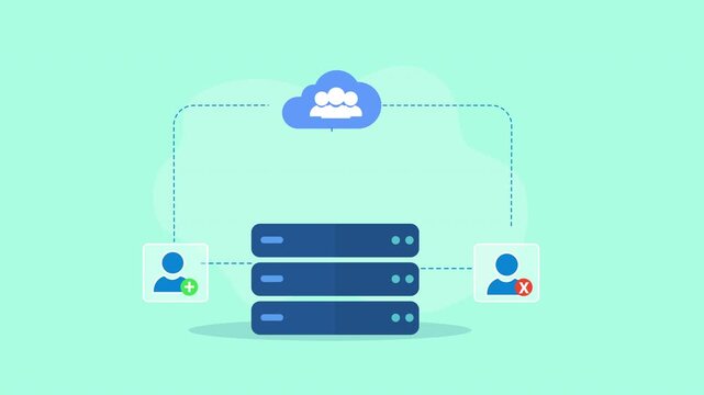 Flat vector animation showing cloud server user management with database servers, user profiles, and connected account elements in a clean modern technology concept.