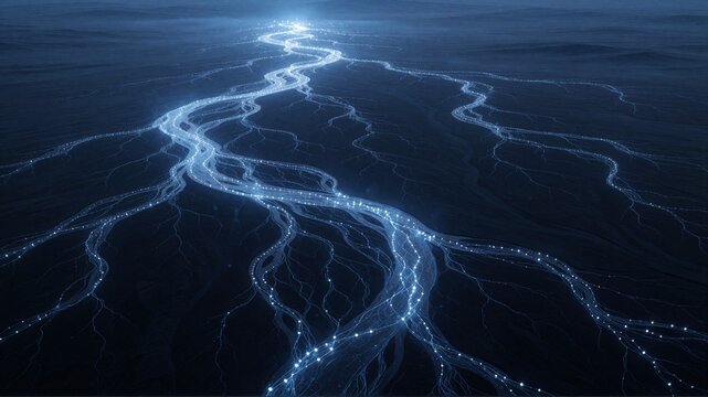 Aerial view of glowing blue river delta at night