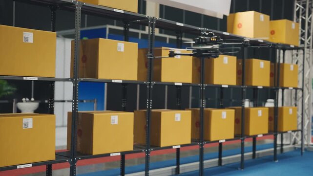 Automated guided vehicle (AGV) transporting cardboard boxes in distribution center.
