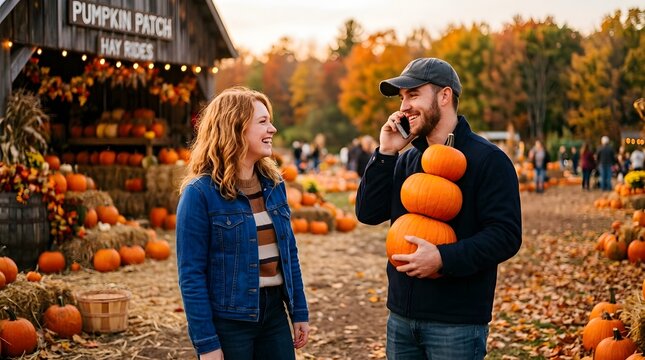 A charming couple enjoys a vibrant autumn day at a pumpkin patch carefully selecting the perfect pumpkins for their halloween festivities