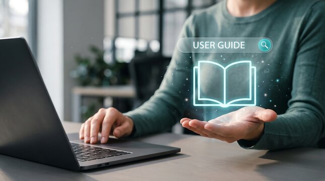 Professional Person at Laptop with Digital User Guide Interface and Book Icon for Software Support and Online Technical Manual Website Banner Design