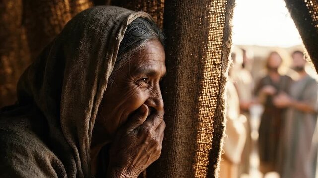 Sarah Hides a Smile After Hearing the Divine Promise of a Son in a Biblical Genesis Scene Symbolizing Faith Doubt Hope Joy Fulfillment and Gods Covenant Blessing Miracle