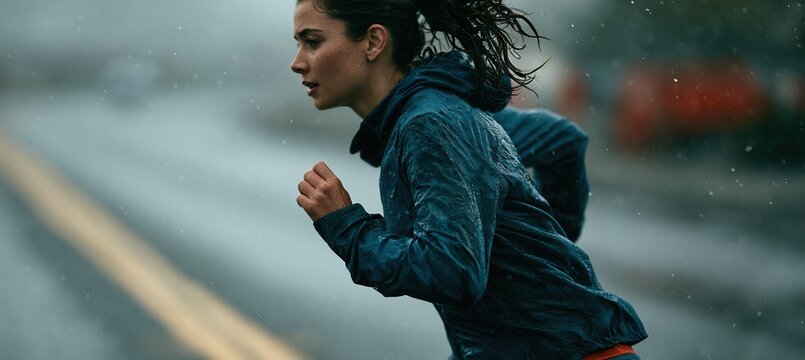 Female runner focused during rainy workout on empty road