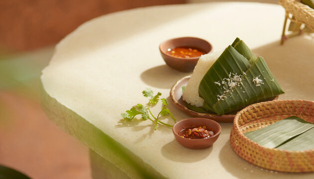 Traditional a steamed rice cone wrapped in banana leaf served with chili sambal on a ceramic plate